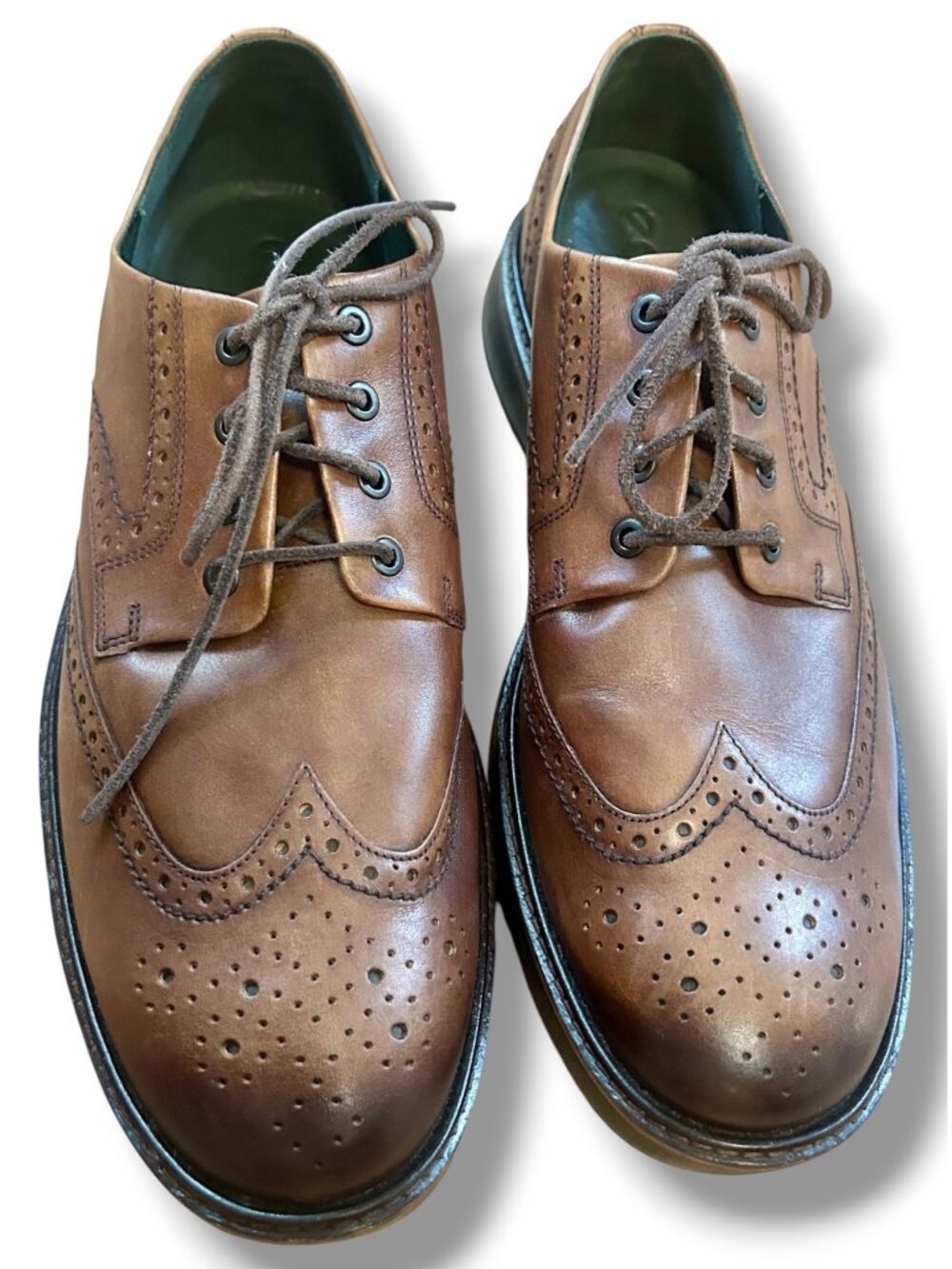 Ecco Mens Brown Leather Wingtip Brogue Tie Shoes Rubber Soles Size 46
